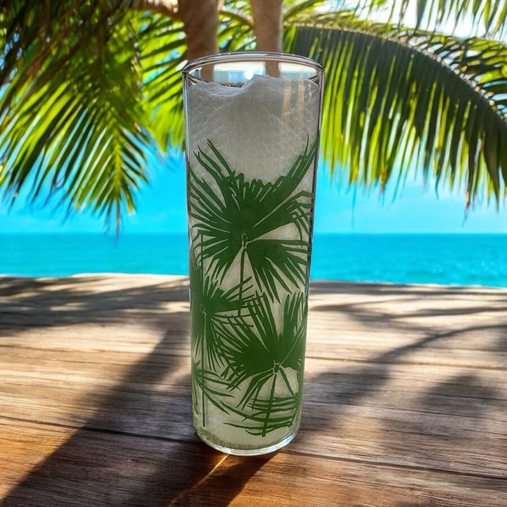 Vintage Federal Glass Tall Collins Highball Glass - Green Tropical Palms MCM
